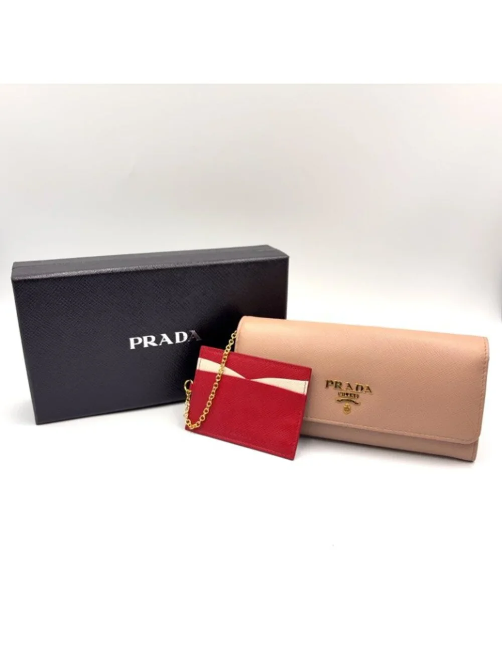 Prada Saffiano Metal Bifold Leather Pink Beige Wallet Gold